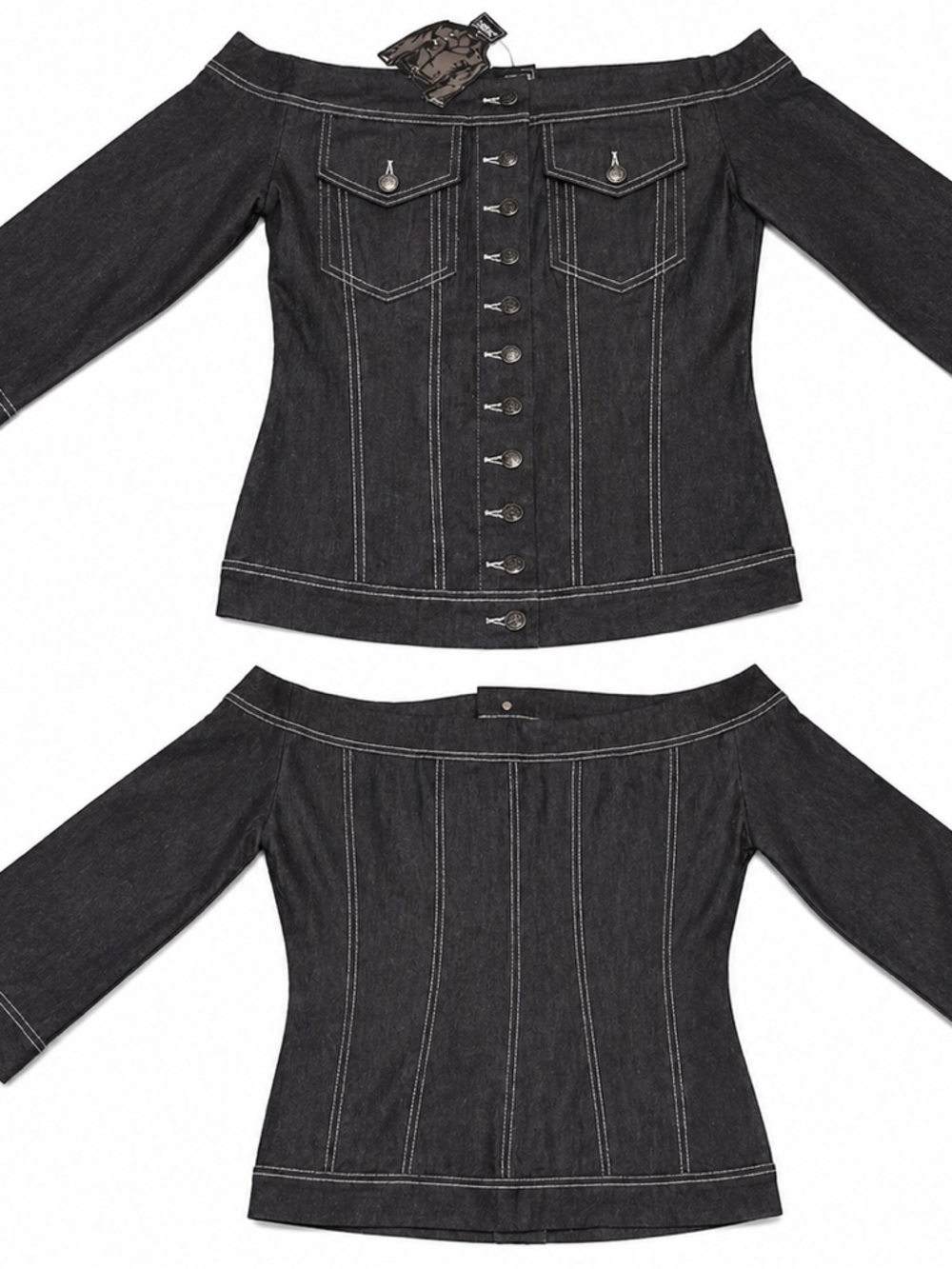 Off-the-Shoulder Dark Denim Button-Front Top